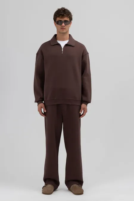 Oversize Fermuarlı Dik Yaka Sweatshirt Kahve