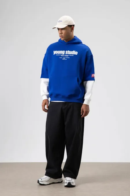 Oversize Printed Hooded Sweatshirt Navy Blue