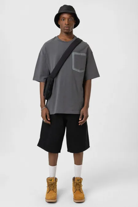Bisiklet Yaka Cepli Oversize Tişört Füme