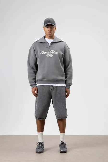 Sweat-shirt oversize à col zippé, gris foncé