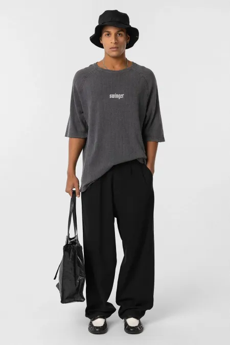 Yıkamalı Oversize Baskılı Triko Tişört Siyah