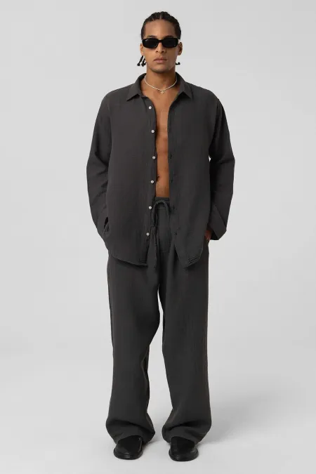 Baggy Fit Müslin Keten Pantolon Antrasit