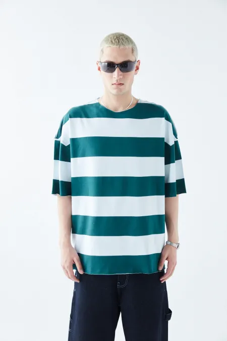 Dijital Baskılı Şeritli %100 Pamuk Oversize Tişört Petrol