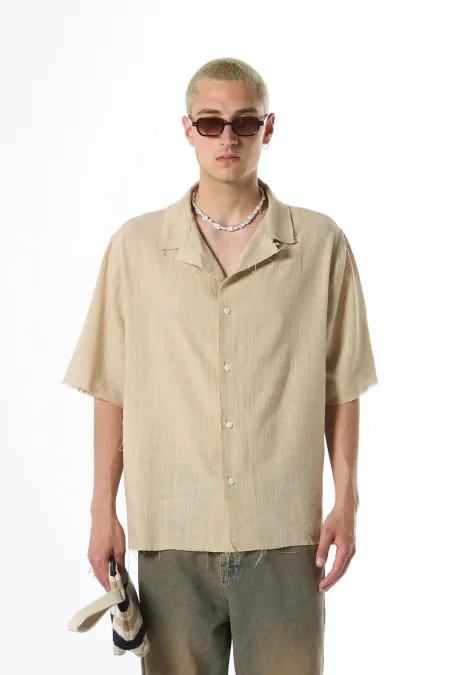 Dikişsiz Kısa Kol Cepsiz Oversize Keten Gömlek Bej