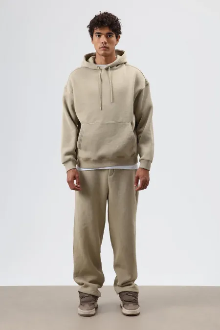 Basic Oversize Yıkamalı Hoodie Haki