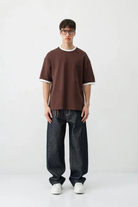 Kısa Kollu Oversize Cepli Tişört Kahve