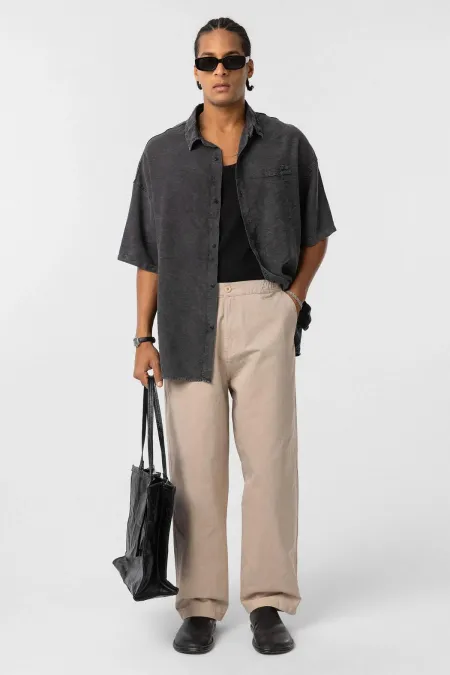 Yıkamalı Gabardin Baggy Pantolon Bej