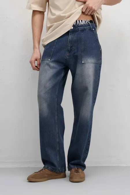 Pocket Detail Baggy Fit Jeans GREEN TINT