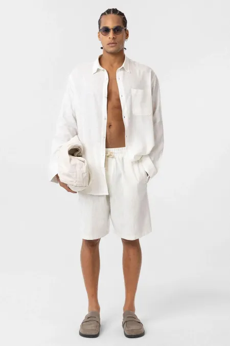 Cep Detaylı Oversize Uzun Kol Gömlek Ekru