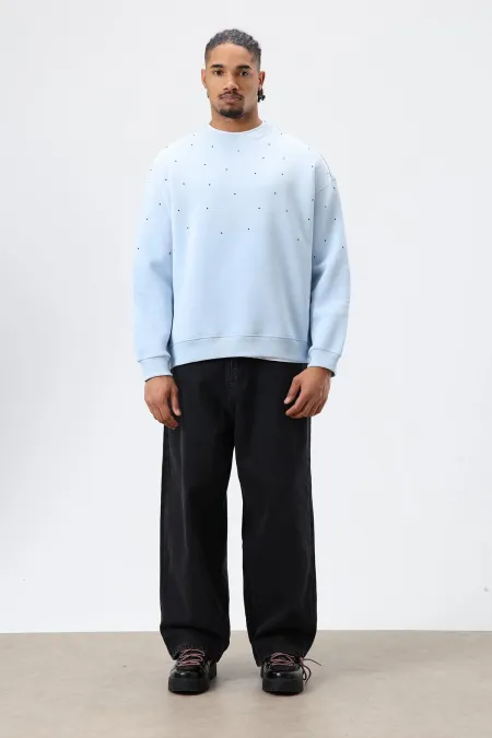 Sweat-shirt oversize bleu ciel à détails pierre délavée
