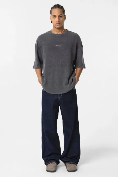 Yıkamalı Arka Baskılı Oversize Tişört Siyah