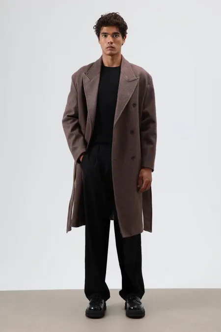 Oversize Kruvaze Kaşe Kaban Açık Kahve