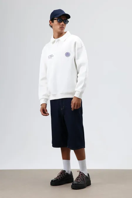 Sweat-shirt oversize à col polo imprimé délavé, écru