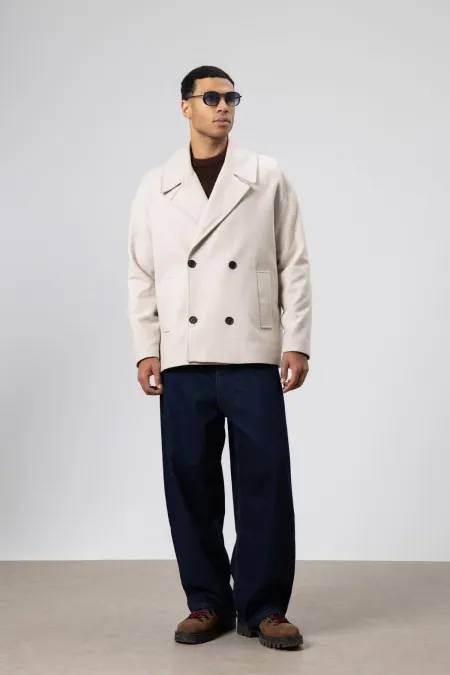 Oversize Kruvaze Kısa Kaşe Ceket Bej