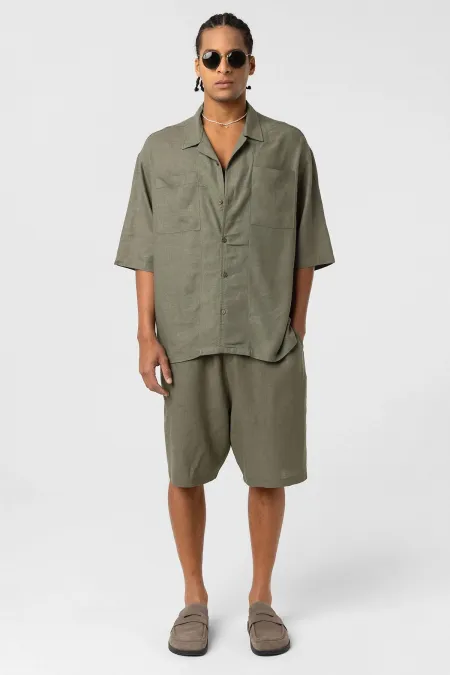 Double Pocket Oversize Linen Shirt Khaki