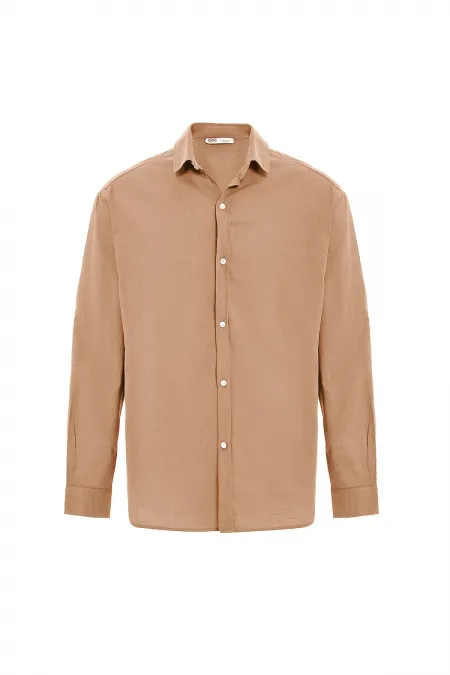 Basic Oversize Pamuk Keten Gömlek Camel Basic Oversize Pamuk Keten Gömlek Camel
