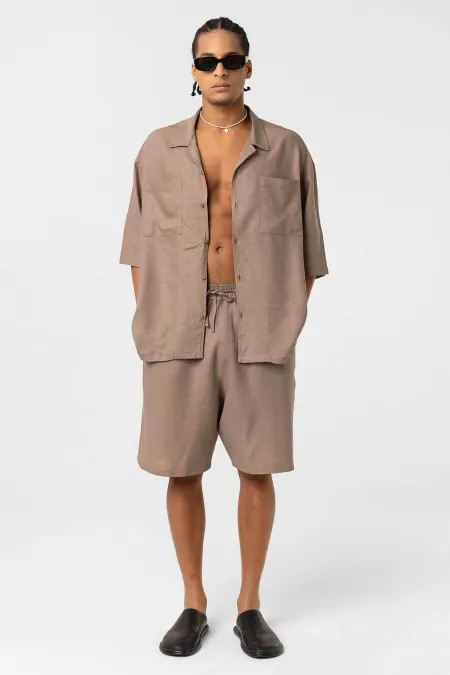 Oversize Keten Şort Vizon