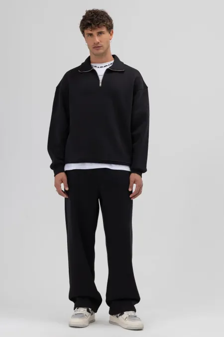Oversize Fermuarlı Dik Yaka Sweatshirt Siyah