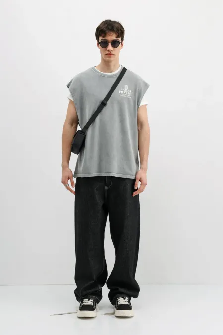 Baskılı Kolsuz Oversize Tişört Gri