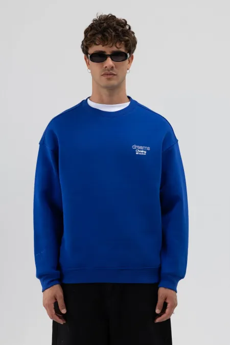 Sweat-shirt oversize à col rond imprimé bleu marine
