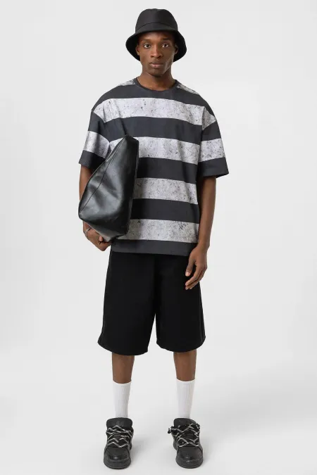 Yıkamalı Şeritli Oversize Tişört Gri - Beyaz