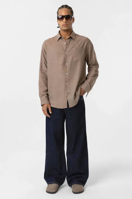 Cep Detaylı Oversize Uzun Kol Gömlek Vizon