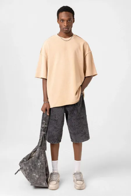 Yıkamalı Oversize Tişört Bej