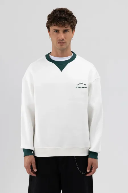 Sweat-shirt oversize à col rond imprimé, écru