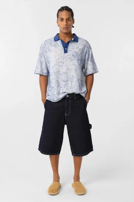 Yıkamalı Oversize Polo Yaka Tişört İndigo