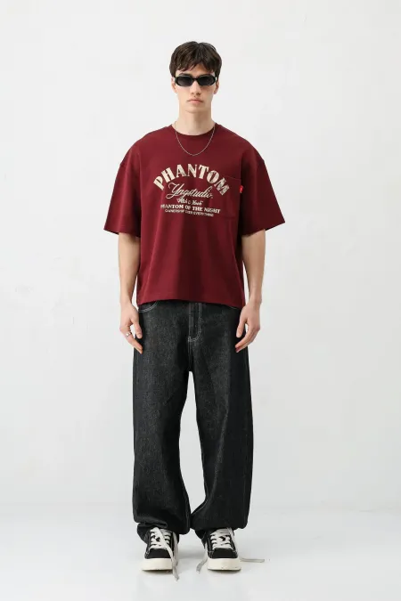 Kısa Kollu Boxy Fit Baskılı Tişört Bordo