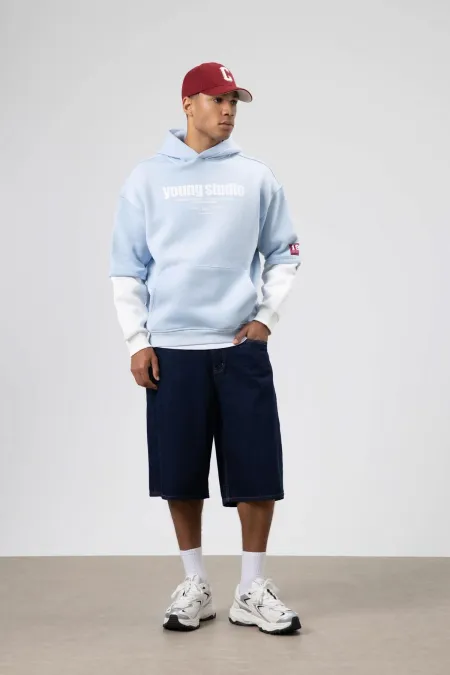 Oversize Printed Hooded Sweatshirt Baby Blue