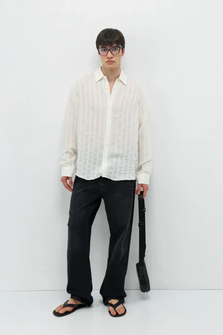 Çizgili Oversize Gömlek Ekru