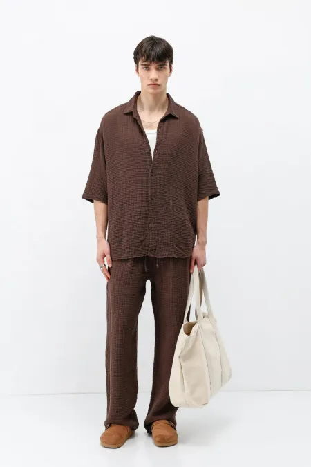 Ensemble en lin et mousseline de coton, coupe décontractée, couleur café