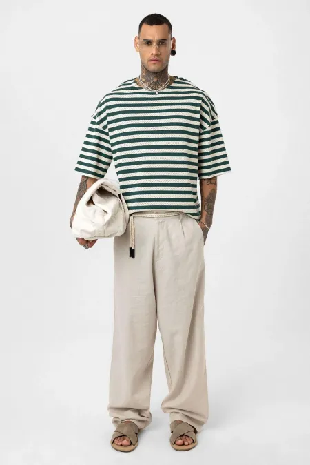Çizgili Oversize Triko Tişört Nefti