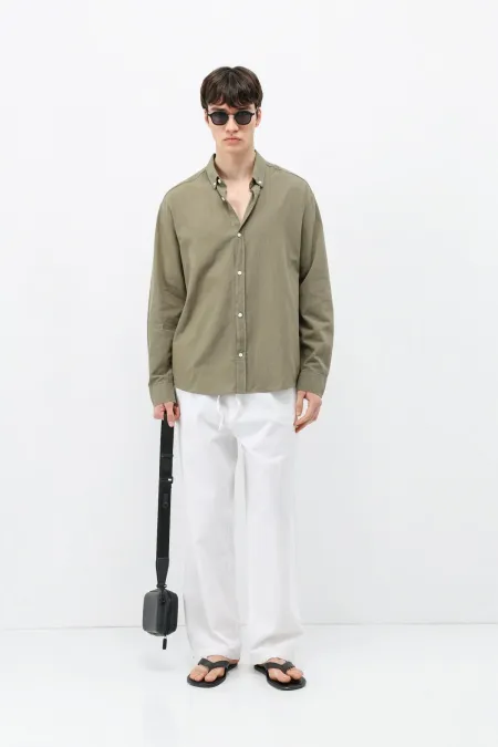 Basic Oversize Cotton Linen Shirt Khaki