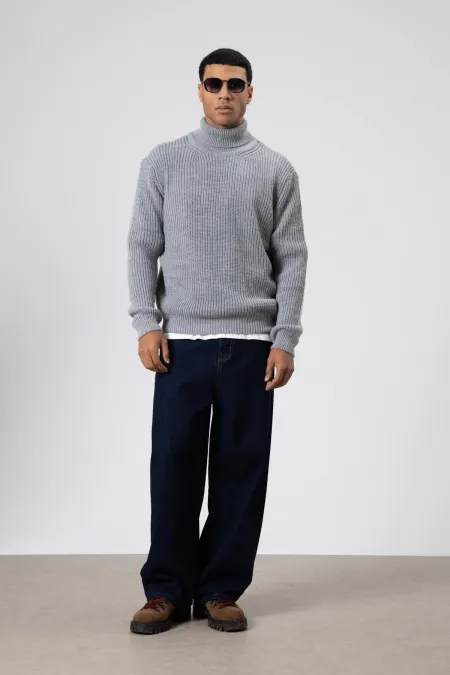 Oversize Triko Boğazlı Kazak Gri Melanj