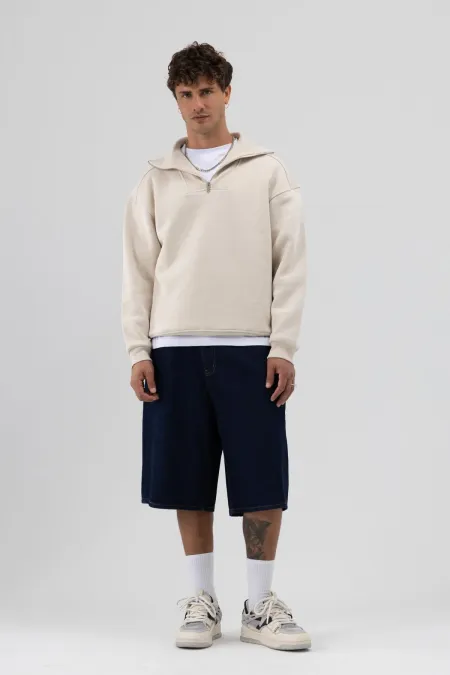 Sweat-shirt basique à fermeture éclair et col montant, couleur pierre