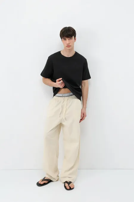 Bel Lastikli Baggy Fit Keten Pantolon Naturel
