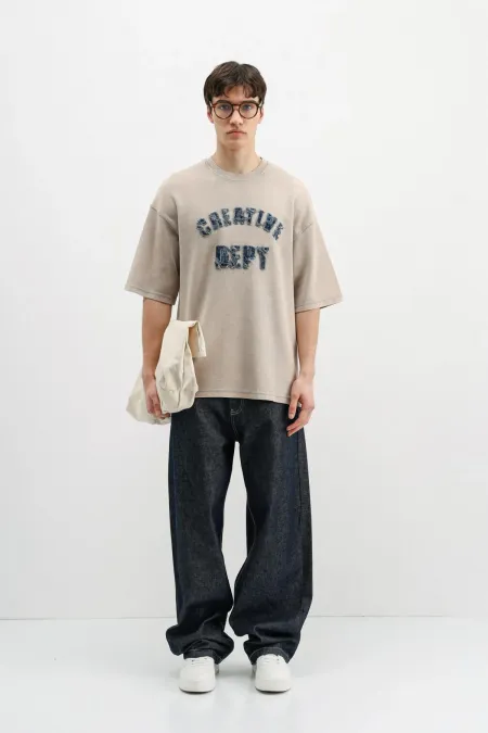 Yıkamalı Yazı Baskılı Oversize Tişört Bej