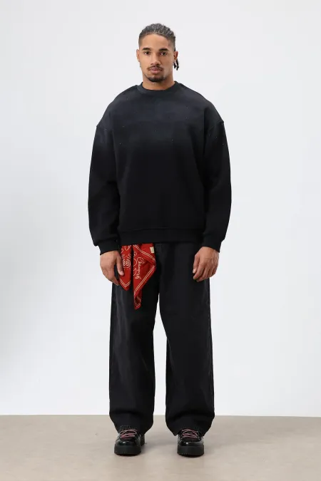 Sweat-shirt oversize délavé avec détail pierre, noir