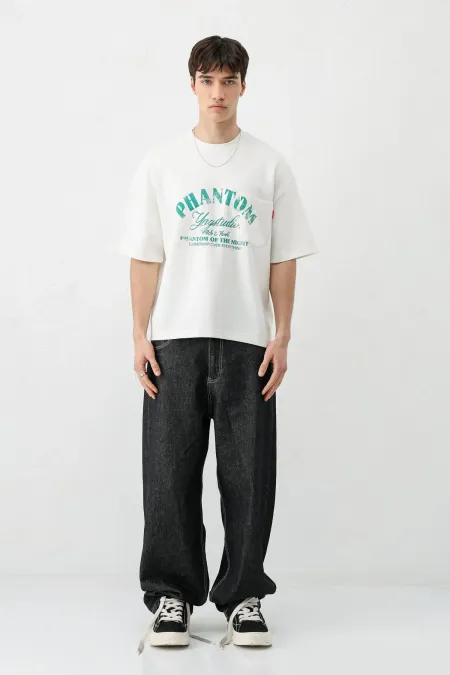 Kısa Kollu Boxy Fit Baskılı Tişört Ekru