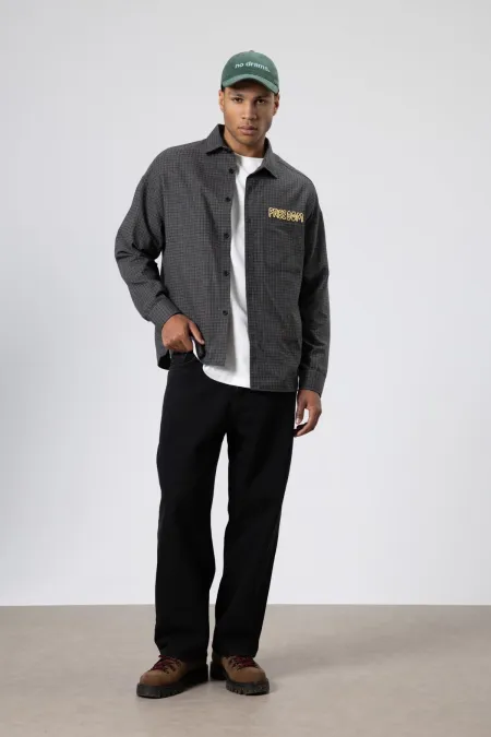 Oversize Baskılı Günlük Kareli Gömlek Haki