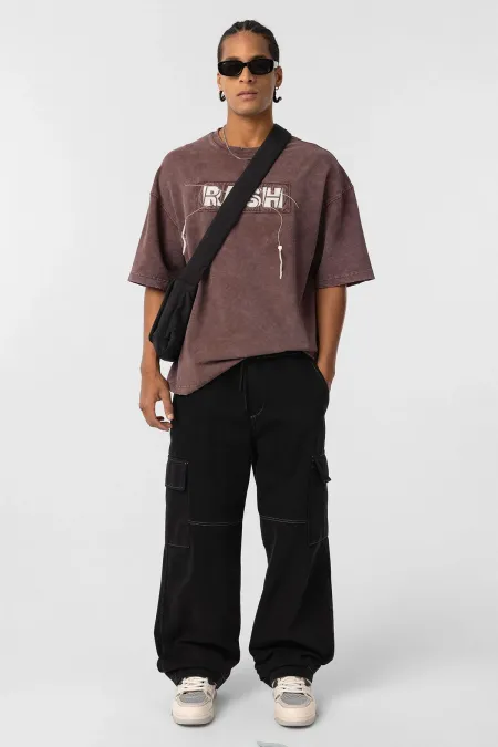 Yıkamalı Oversize Baskılı Tişört Kahve