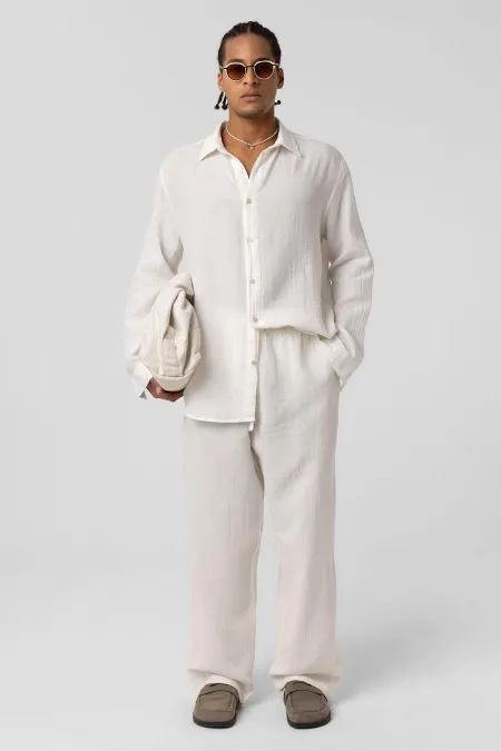 Baggy Fit Müslin Keten Pantolon Ekru