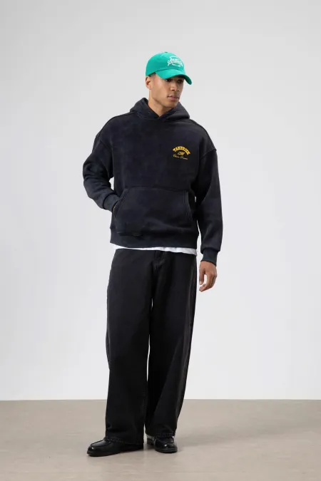 Sweat à capuche noir oversize délavé à coupe carrée