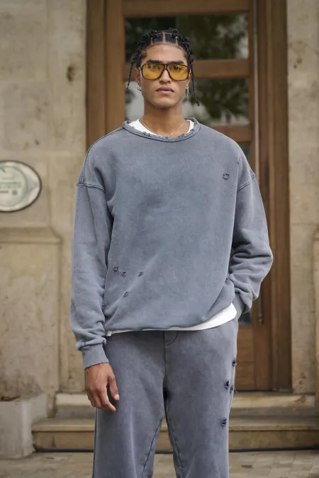 Premıum Yıkamalı Yırtık Detaylı Oversize Eşofman Takım Antrasit