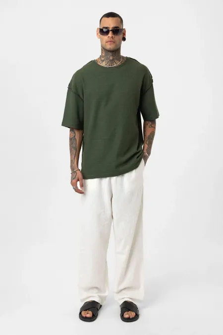 T-shirt oversize en maille avec imprimé texte au dos, kaki