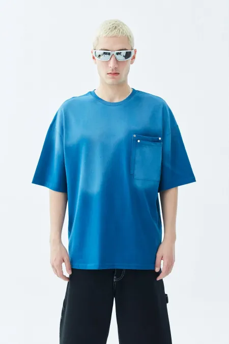 Yıkamalı Cep Detaylı Oversize Tişört İndigo