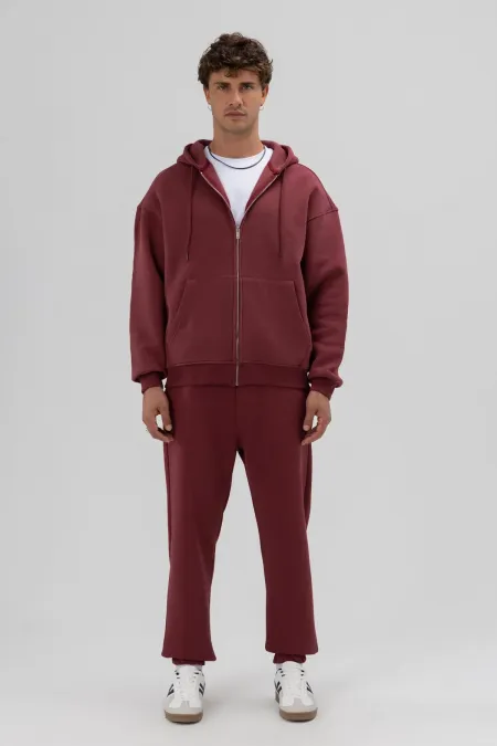 Basic Fermuarlı Oversize Kapüşonlu Sweatshirt Bordo