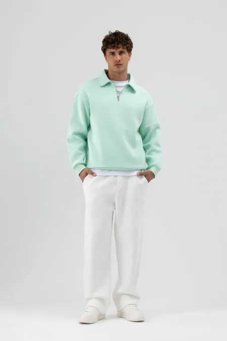 Sweat-shirt oversize à fermeture éclair et col montant, couleur menthe